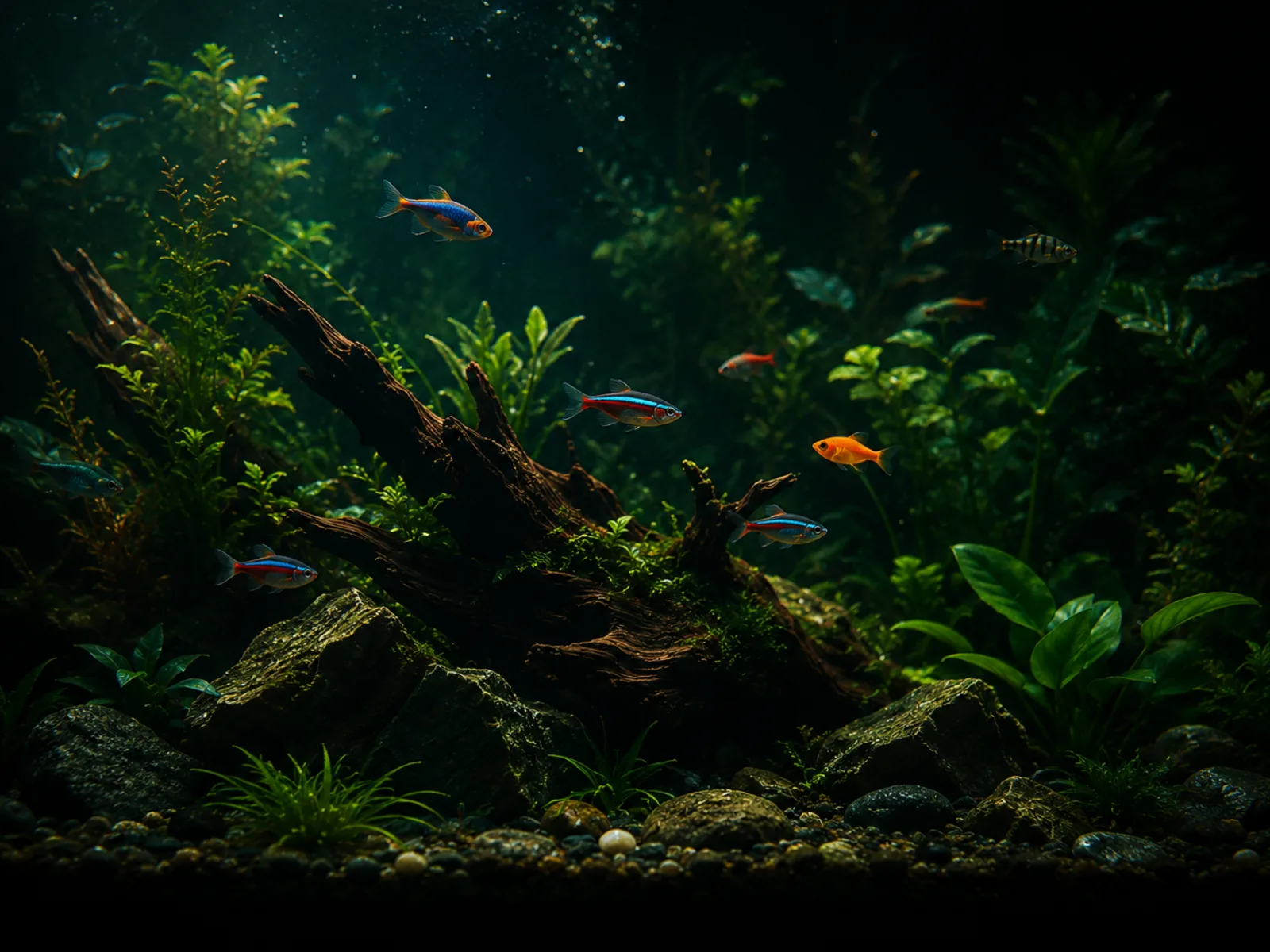 Dark planted aquarium with small tropical fish