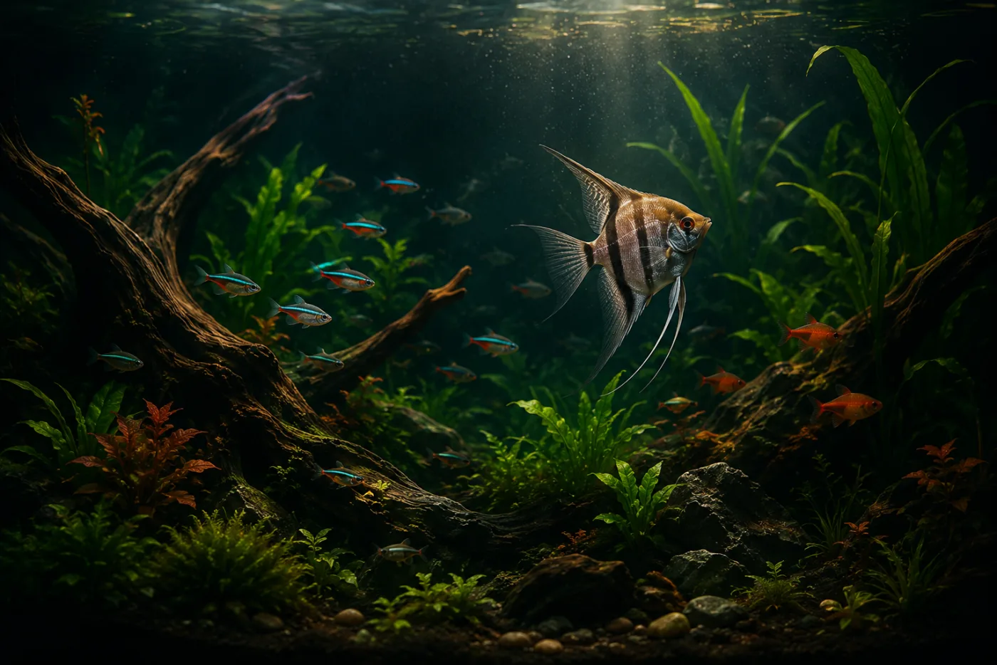 Large planted aquarium with angelfish and small tropical fish