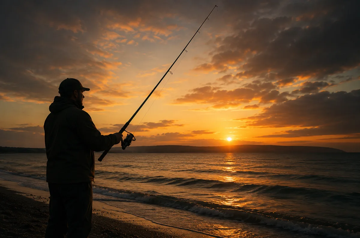 Angler fishing at sunset near the coast
