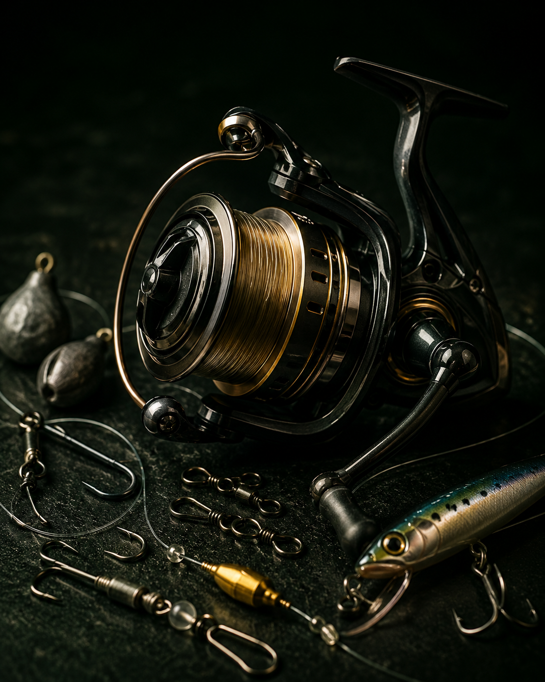 Fishing reel, hooks, lures and tackle