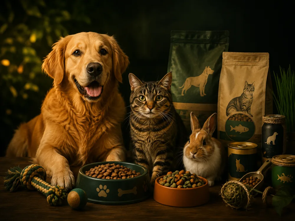 Dog, cat and rabbit with pet supplies