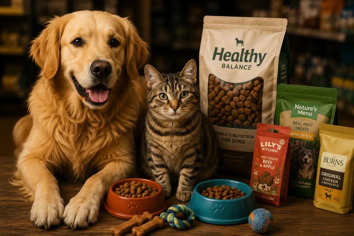 Dog and cat with pet food and supplies